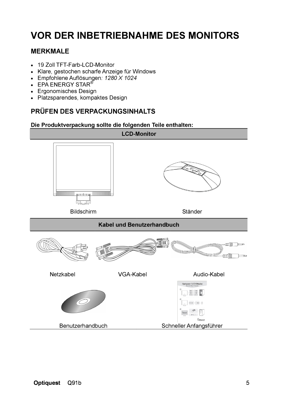 ViewSonic Q91B Vor Der Inbetriebnahme Des Monitors, Merkmale, Prüfen Des Verpackungsinhalts, LCD-Monitor, Optiquest Q91b 