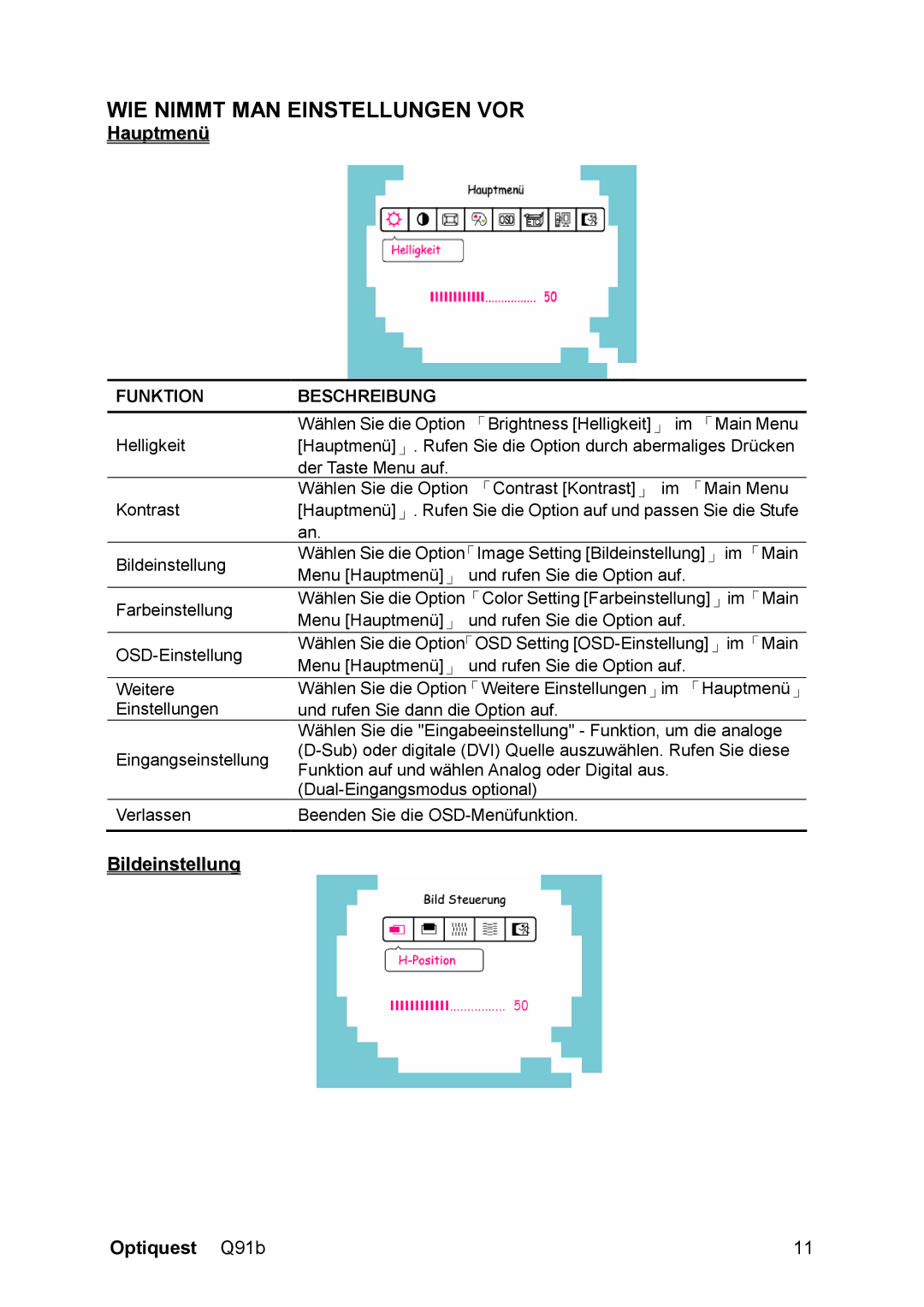 ViewSonic Q91B, VS12118 manual WIE Nimmt MAN Einstellungen VOR, Hauptmenü, Bildeinstellung Optiquest Q91b 