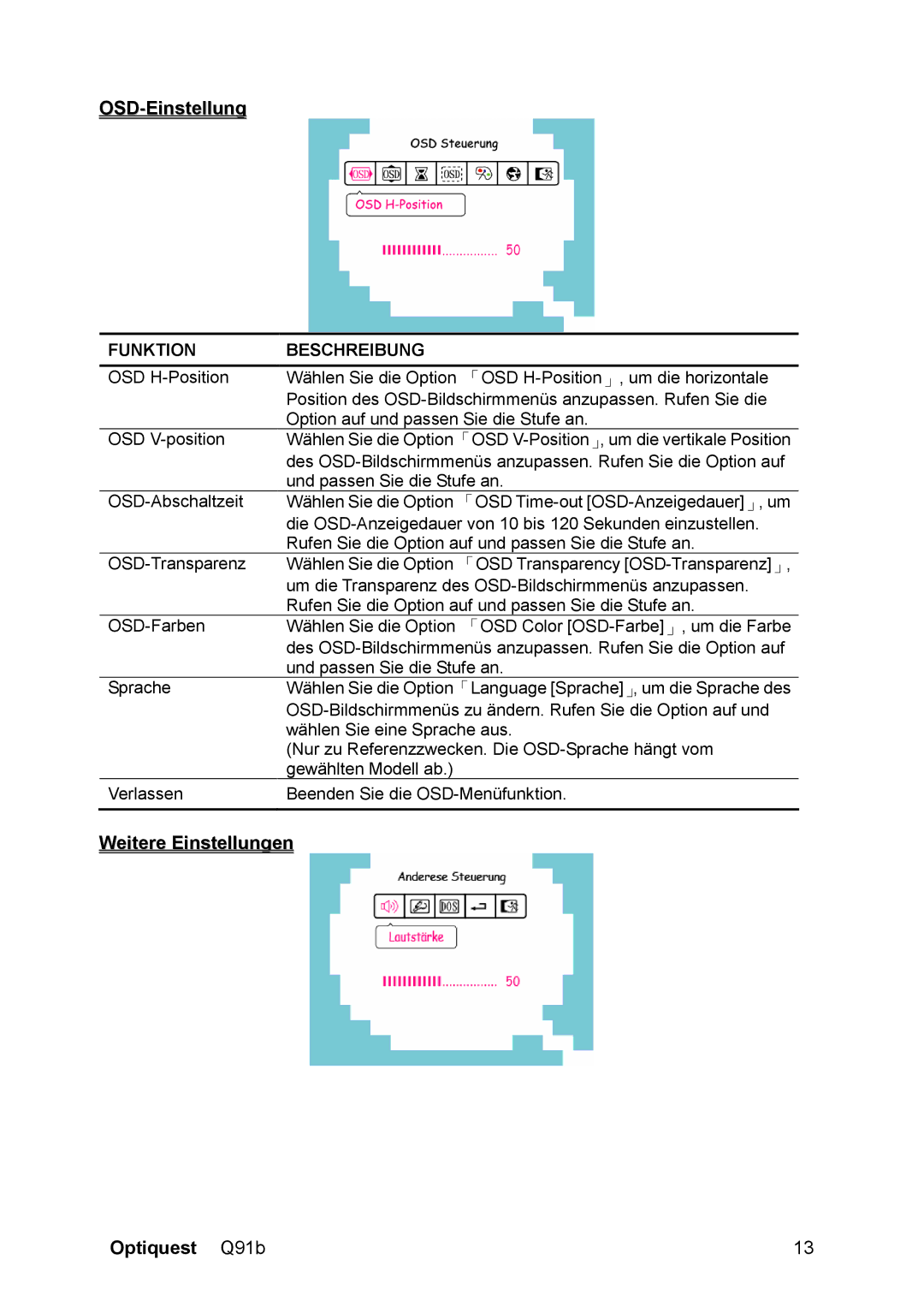 ViewSonic Q91B, VS12118 manual OSD-Einstellung, Weitere Einstellungen Optiquest Q91b 