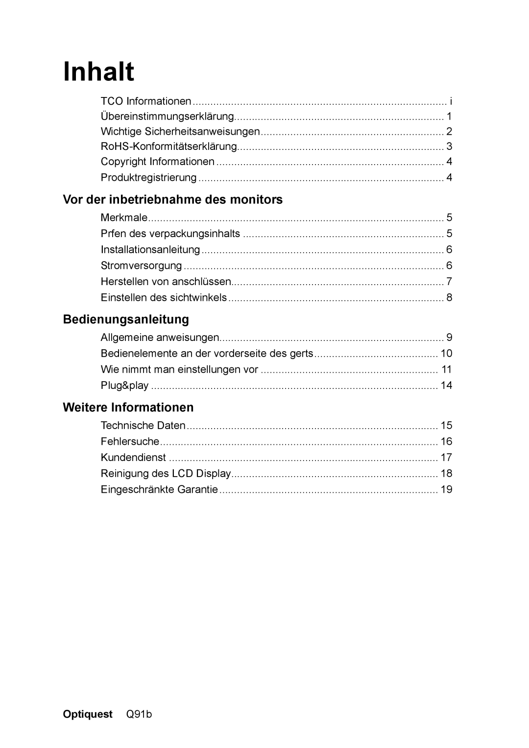 ViewSonic Q91B, VS12118 manual Inhalt, Optiquest Q91b 