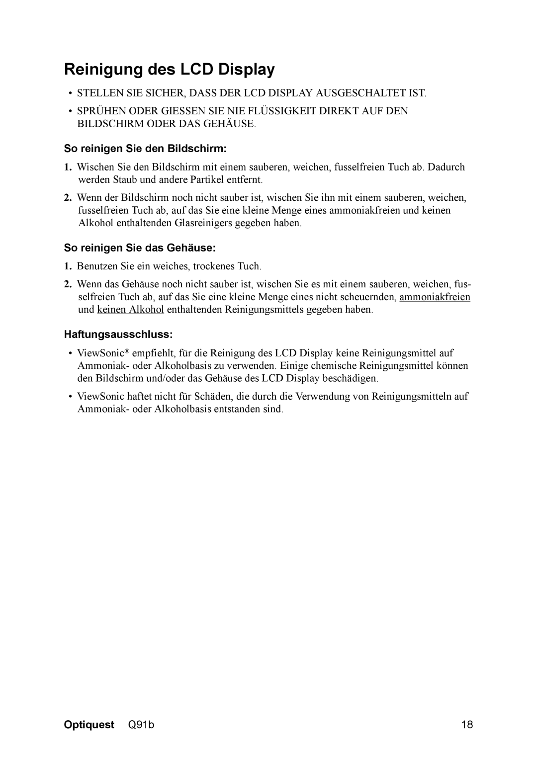 ViewSonic VS12118, Q91B manual Reinigung des LCD Display, So reinigen Sie den Bildschirm, So reinigen Sie das Gehäuse 