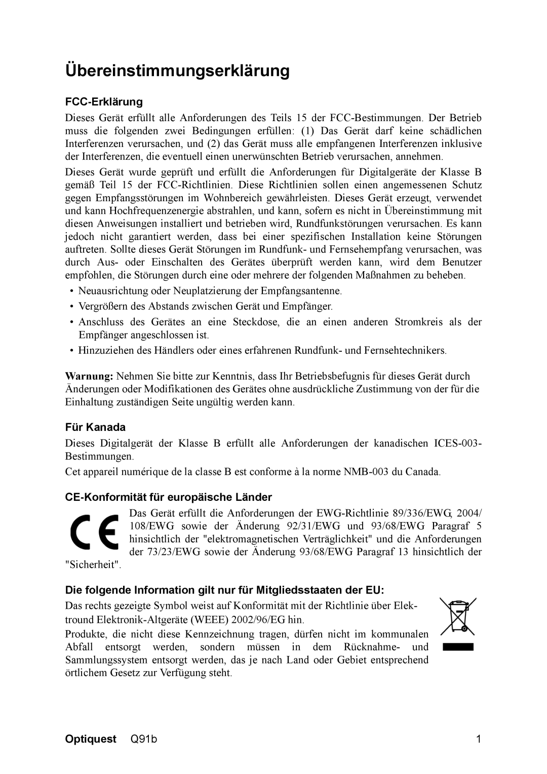 ViewSonic Q91B, VS12118 manual Übereinstimmungserklärung, FCC-Erklärung, Für Kanada, CE-Konformität für europäische Länder 