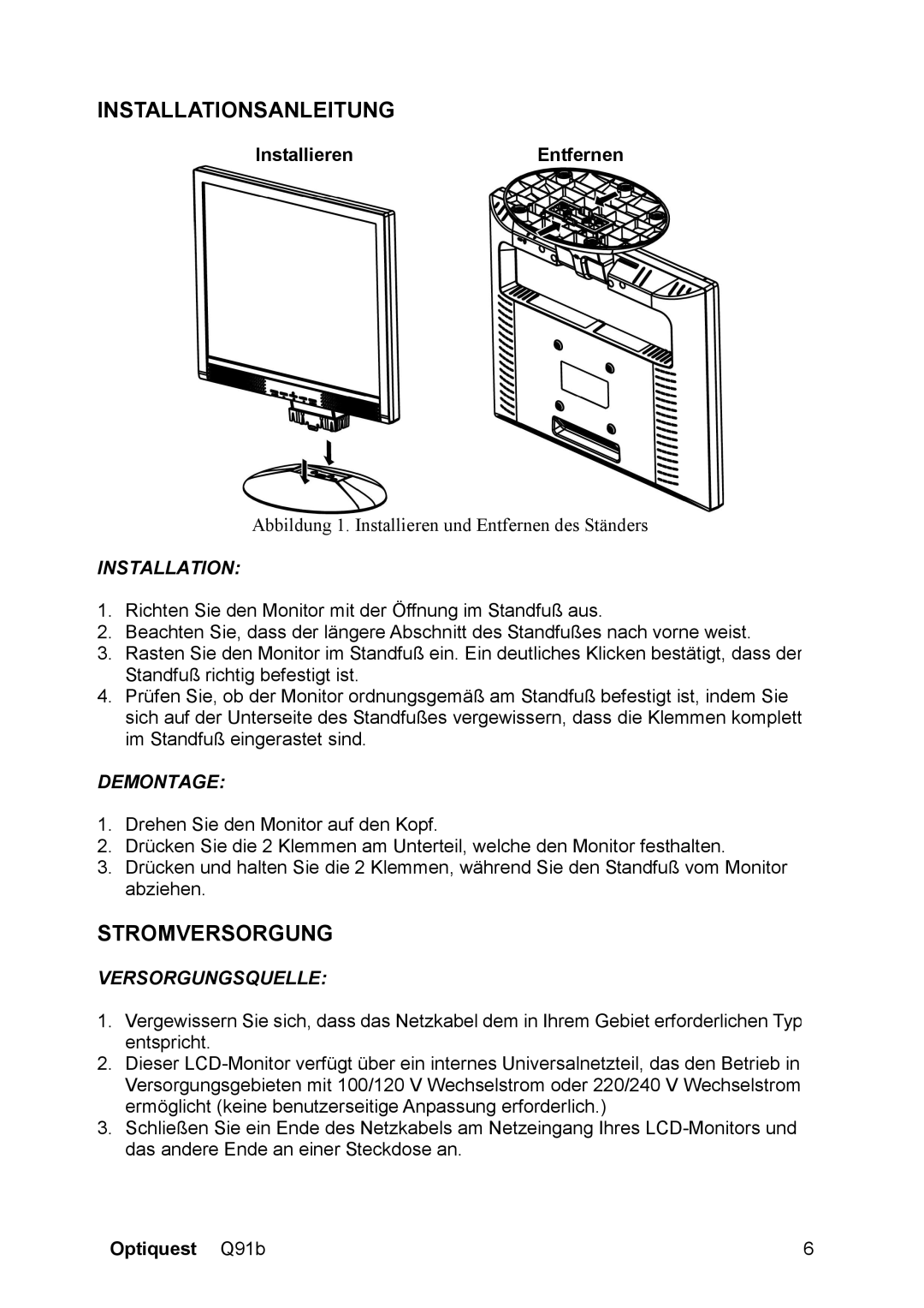 ViewSonic VS12118, Q91B manual Installationsanleitung, Stromversorgung, InstallierenEntfernen 