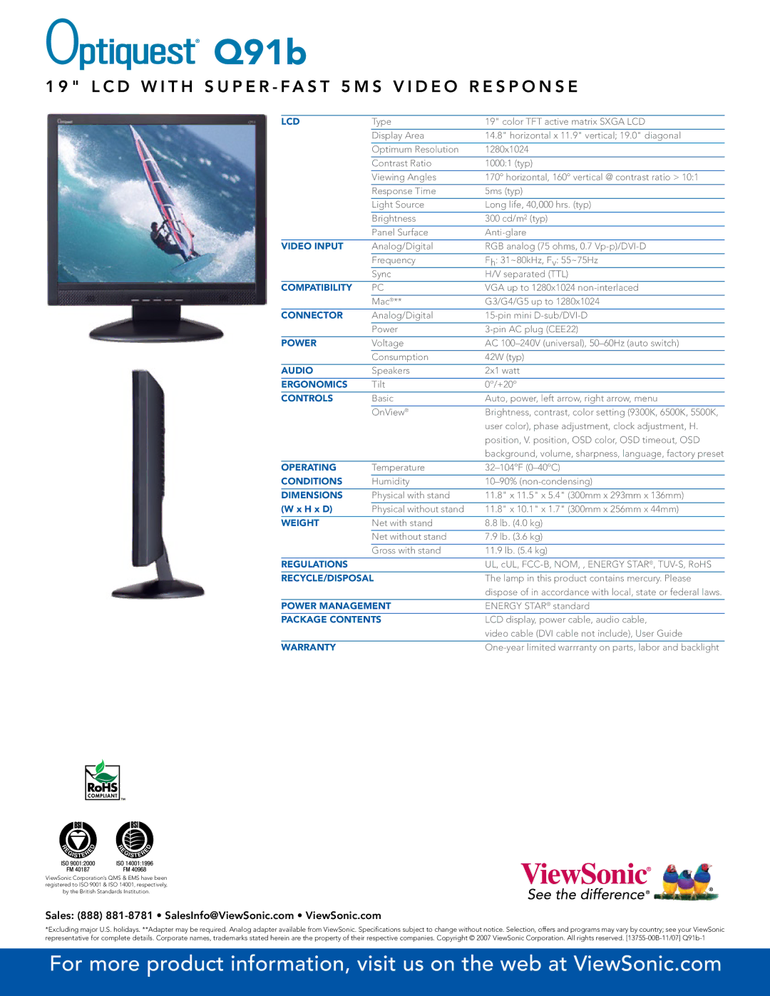 ViewSonic Q91B manual Lcd, Video Input, Compatibility, Connector, Power, Audio, Ergonomics, Controls, Operating, Conditions 