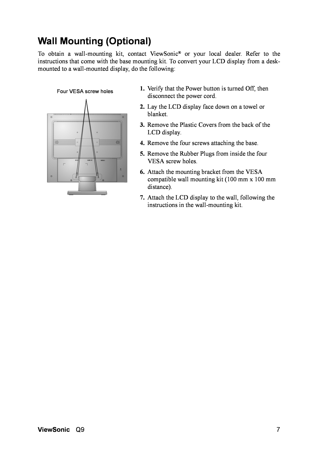 ViewSonic Q9B manual Wall Mounting Optional, ViewSonic Q9 