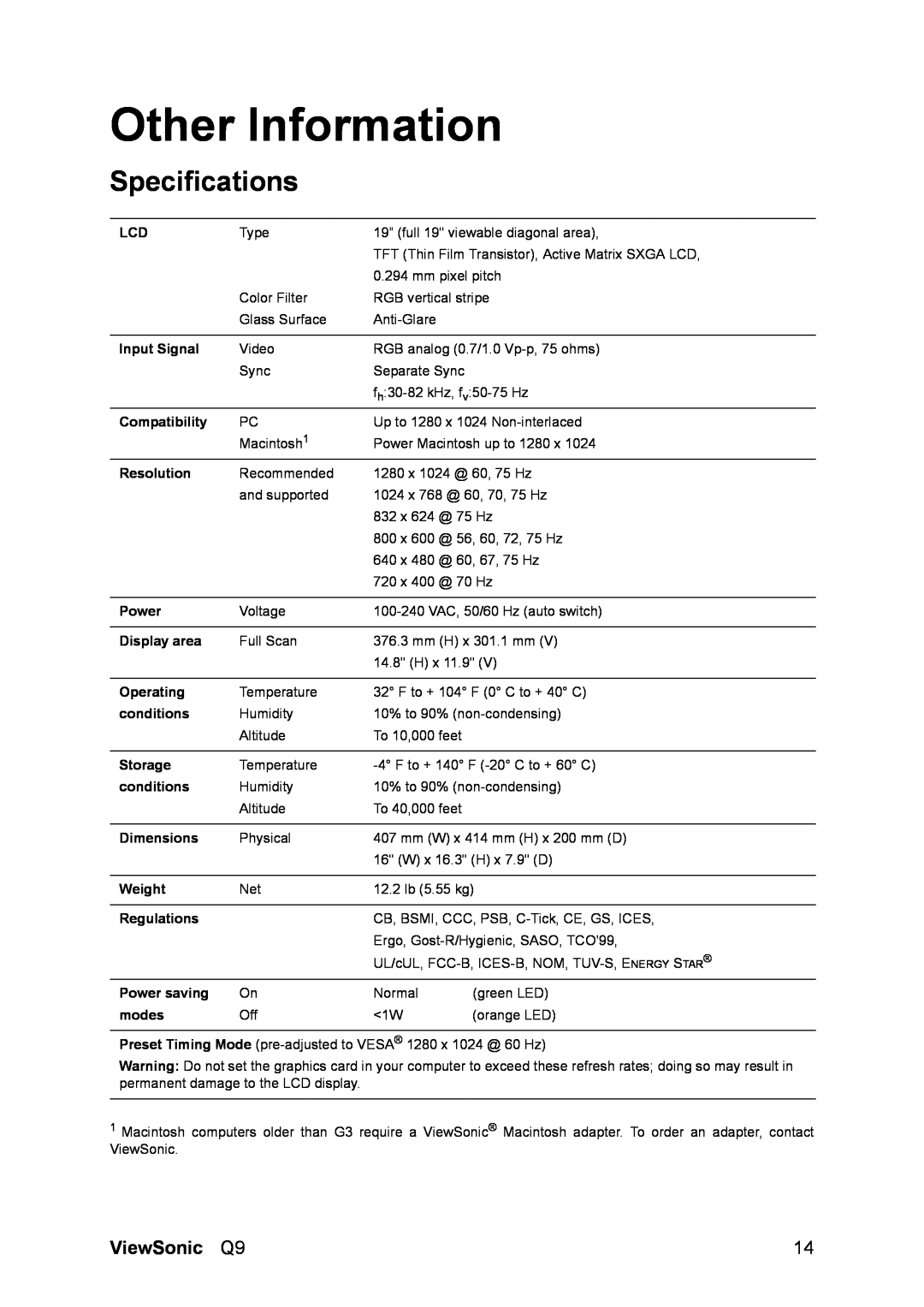 ViewSonic Q9B manual Other Information, Specifications, ViewSonic Q9 