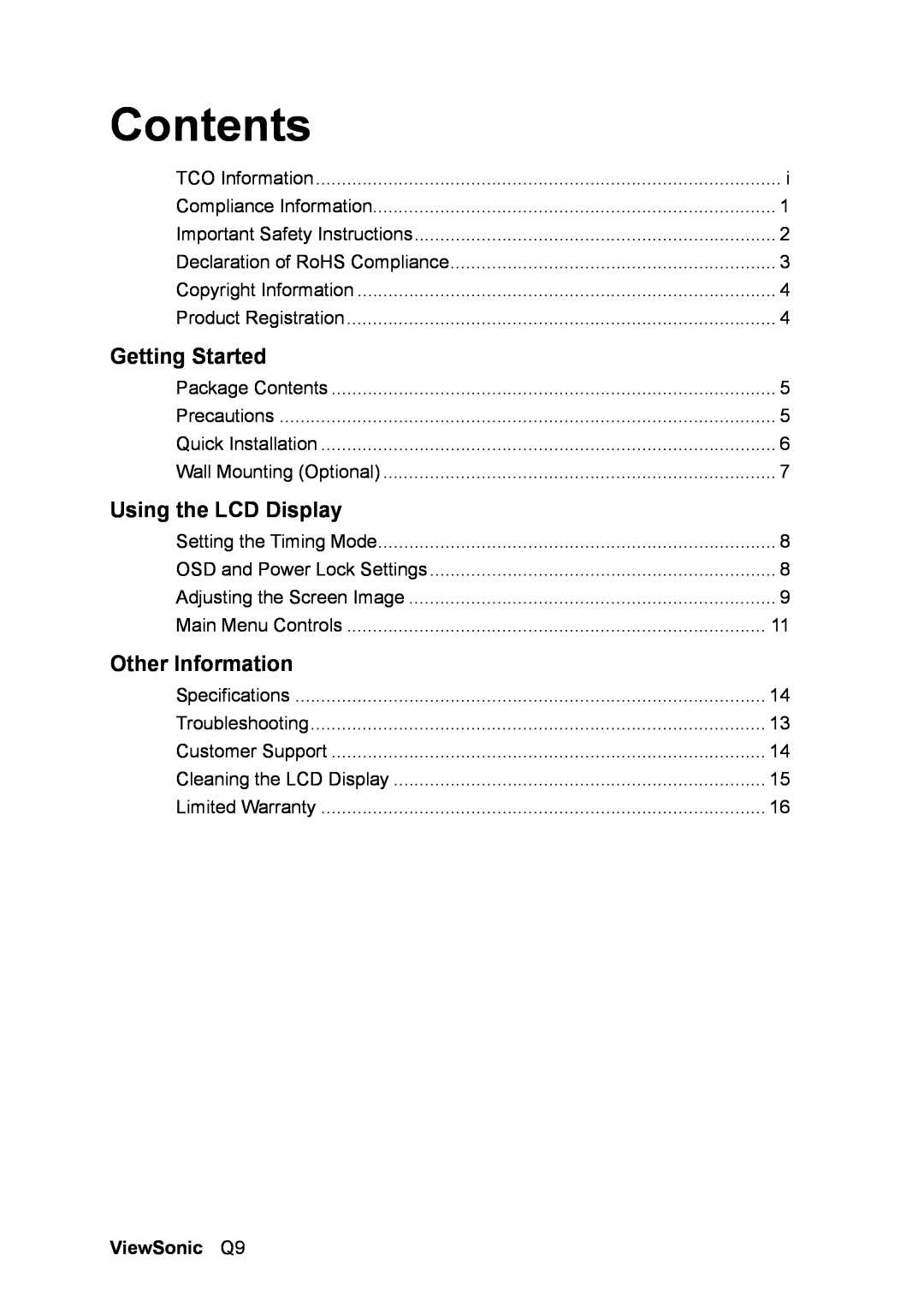 ViewSonic Q9B manual Contents, ViewSonic Q9, Getting Started, Using the LCD Display, Other Information 