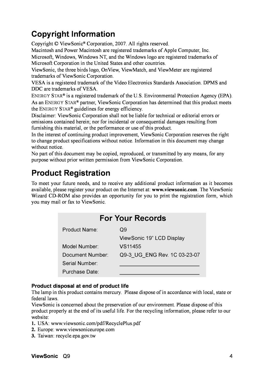 ViewSonic Q9B manual Copyright Information, Product Registration, For Your Records, Product disposal at end of product life 