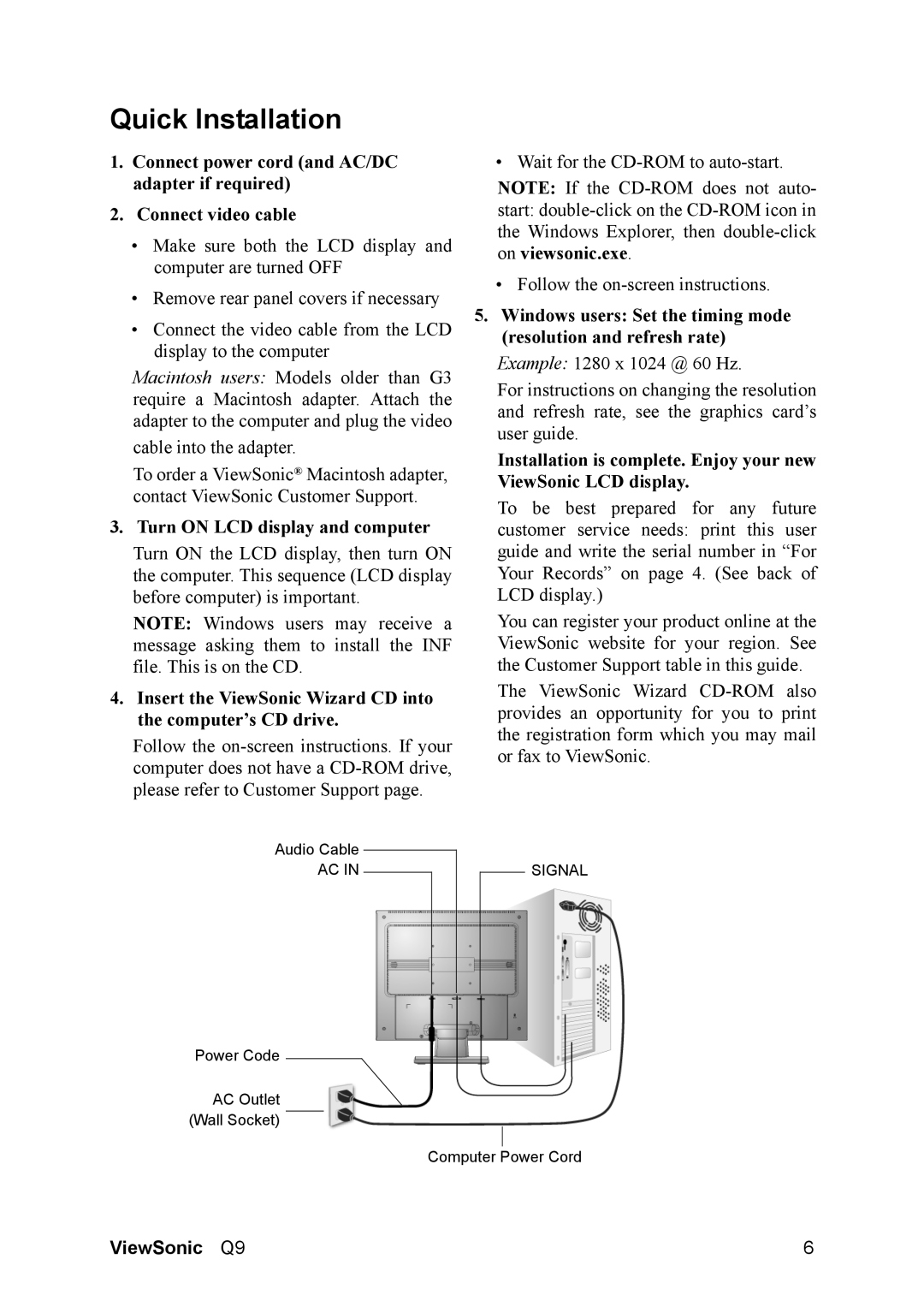 ViewSonic Q9B manual Quick Installation, Turn on LCD display and computer 