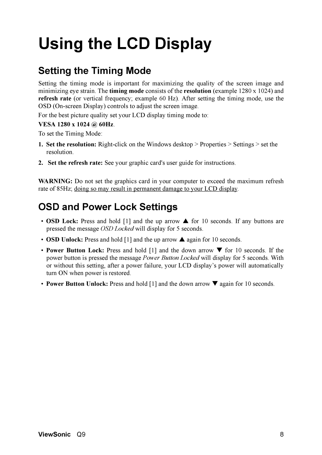 ViewSonic Q9B manual Using the LCD Display, Setting the Timing Mode, OSD and Power Lock Settings 