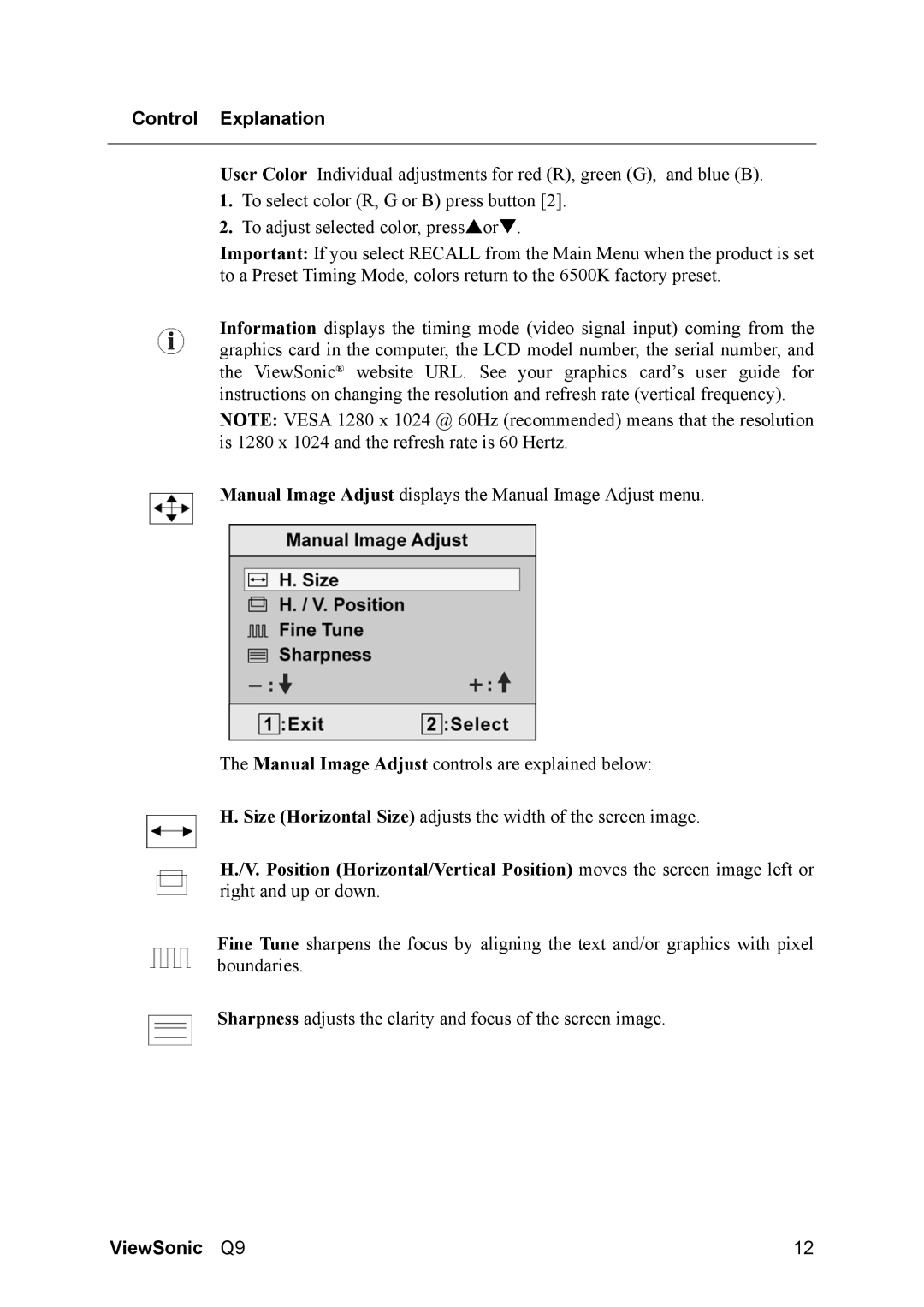 ViewSonic Q9B manual Control Explanation 