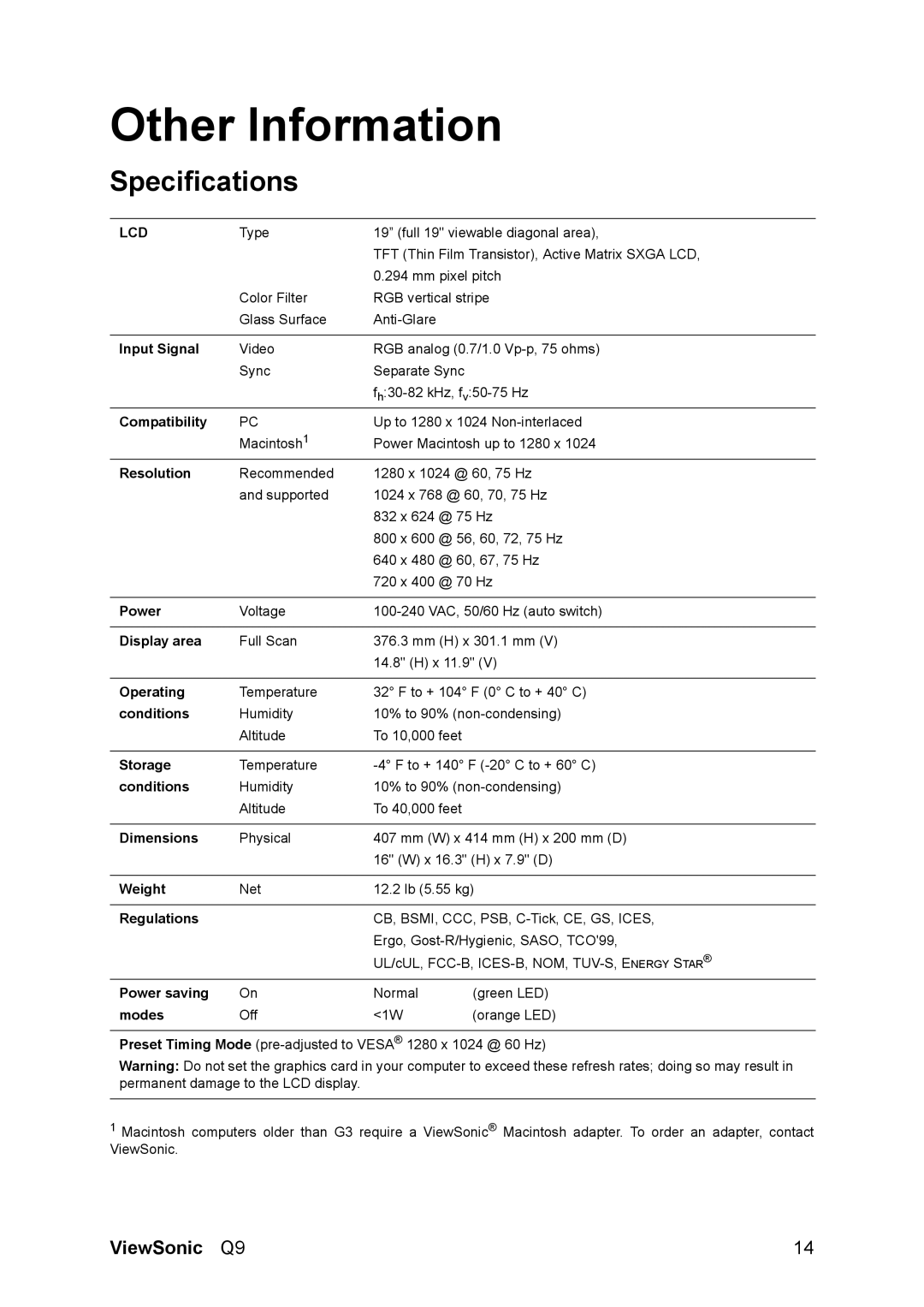 ViewSonic Q9B manual Other Information, Specifications 