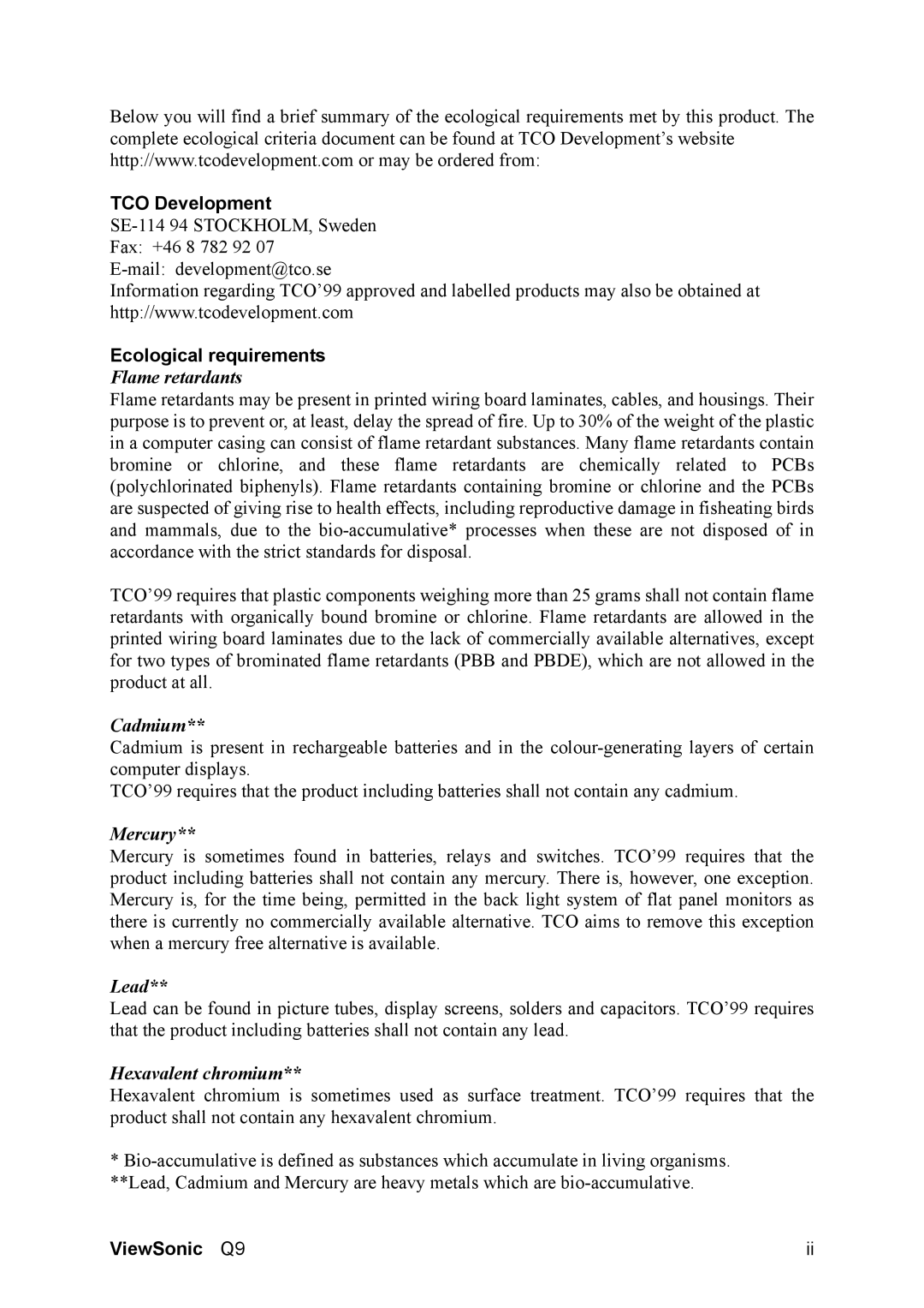 ViewSonic Q9B manual TCO Development, Ecological requirements 