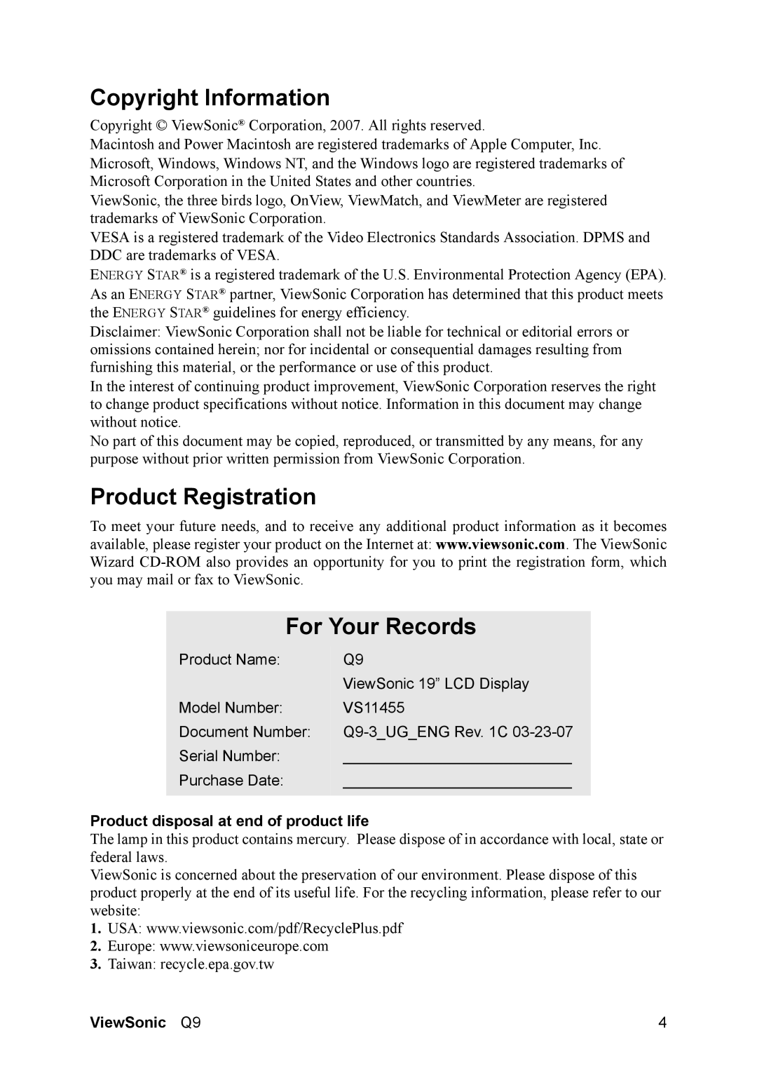 ViewSonic Q9B manual Copyright Information, Product Registration For Your Records, Product disposal at end of product life 