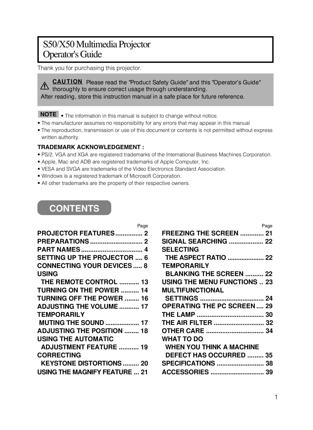 ViewSonic manual Contents, Operating The Pc Screen, S50/X50 Multimedia Projector Operators Guide 