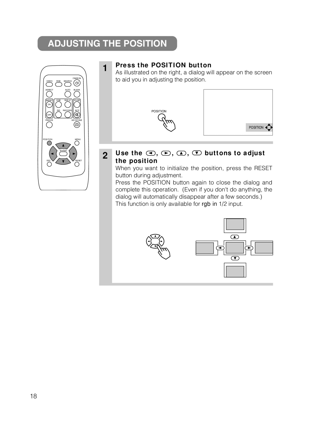 ViewSonic S50/X50 manual Adjusting the Position, Press the Position button, Use Buttons to adjust Position 