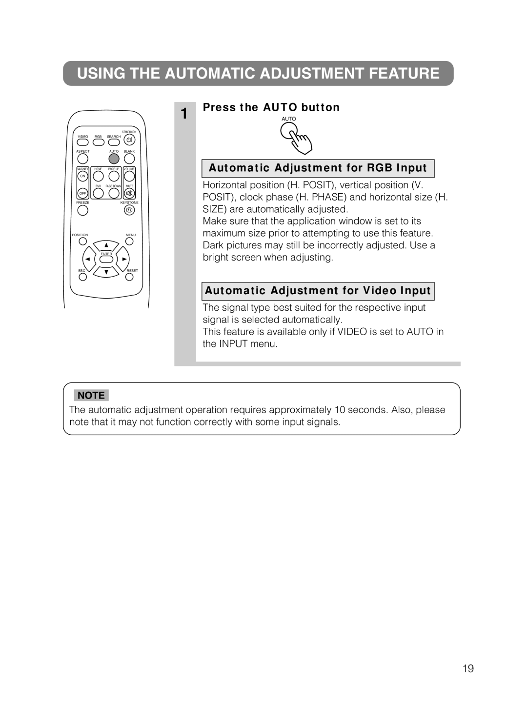 ViewSonic S50/X50 manual Using the Automatic Adjustment Feature, Press the Auto button, Automatic Adjustment for RGB Input 