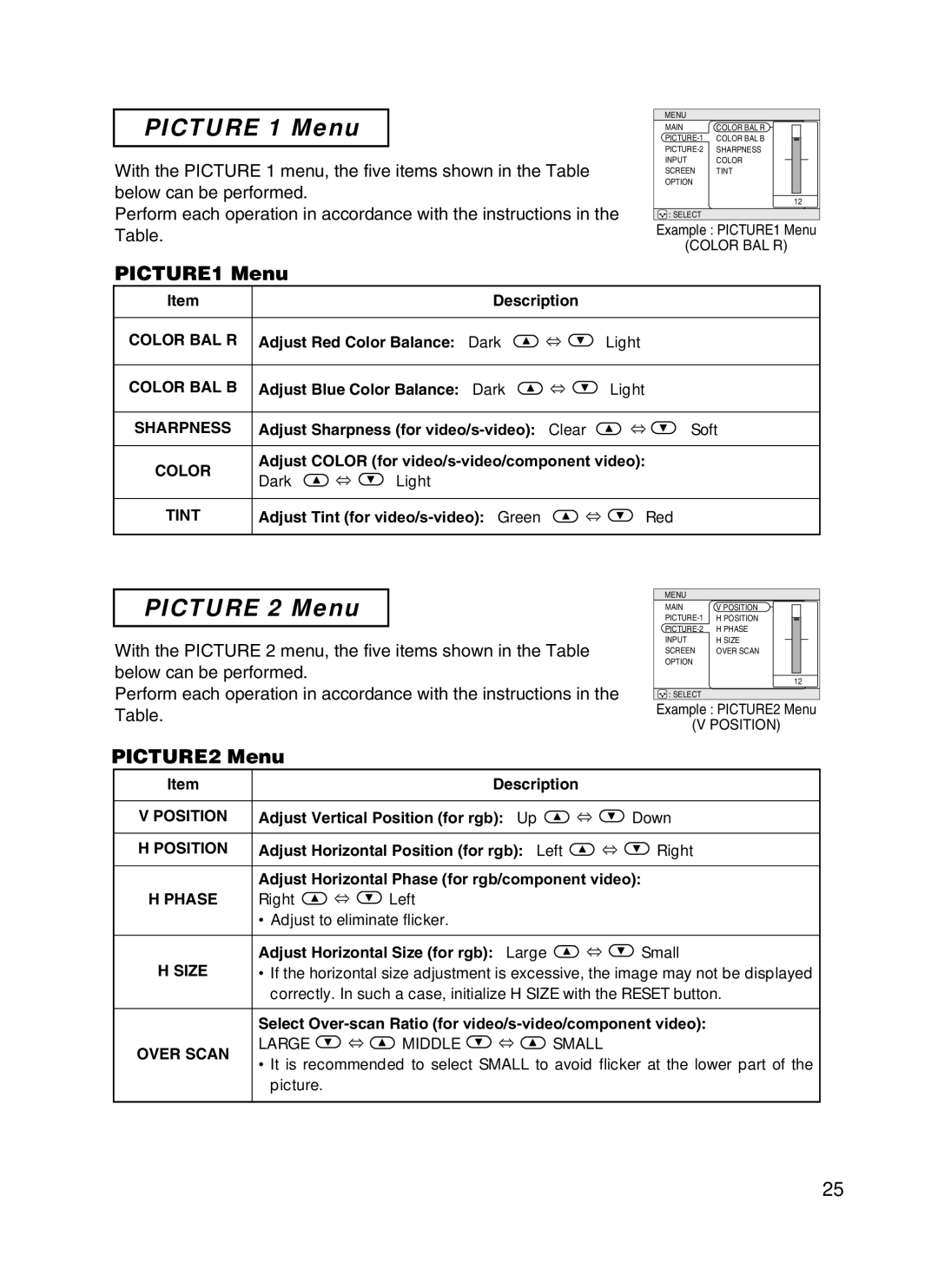 ViewSonic S50/X50 manual Picture 1 Menu, Picture 2 Menu, PICTURE1 Menu, PICTURE2 Menu 