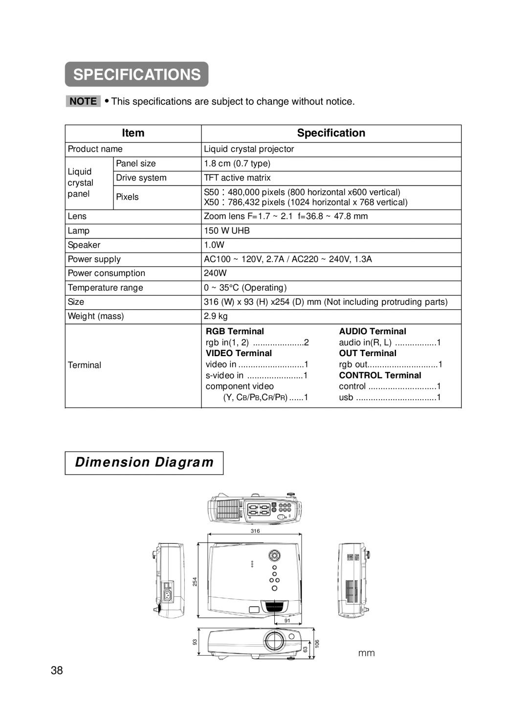 ViewSonic S50/X50 manual Specifications, Dimension Diagram 