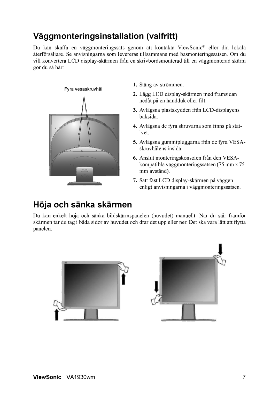 ViewSonic SBC RU 510 manual Väggmonteringsinstallation valfritt, Höja och sänka skärmen 