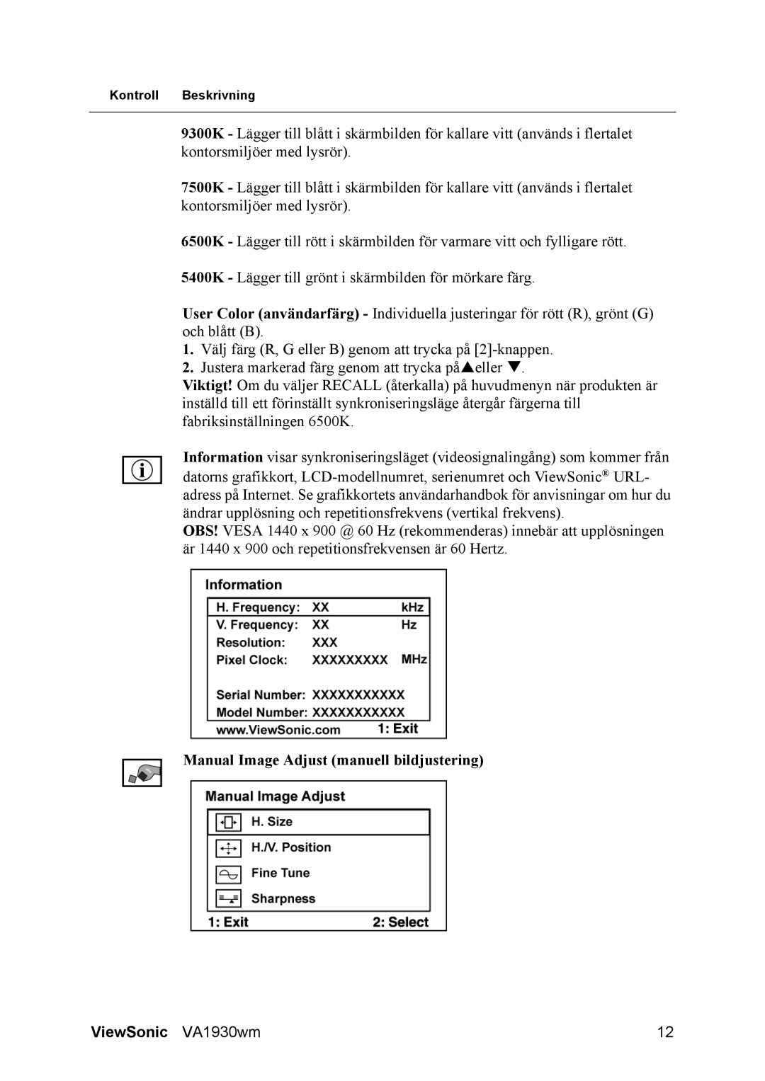 ViewSonic SBC RU 510 manual Manual Image Adjust manuell bildjustering 