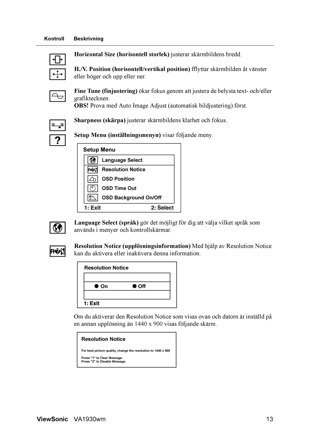 ViewSonic SBC RU 510 manual Setup Menu inställningsmenyn visar följande meny 