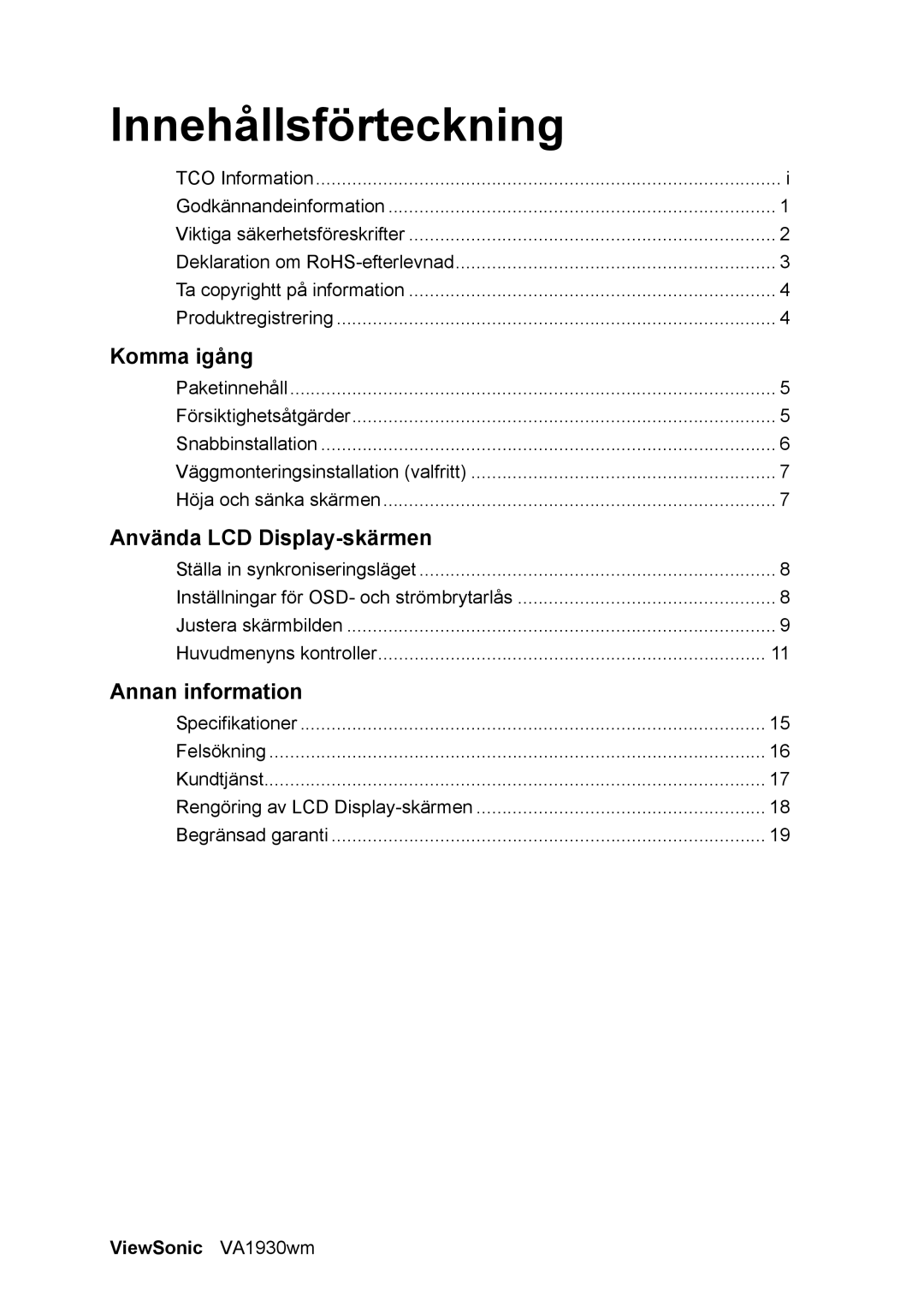 ViewSonic SBC RU 510 manual Innehållsförteckning, ViewSonic VA1930wm 