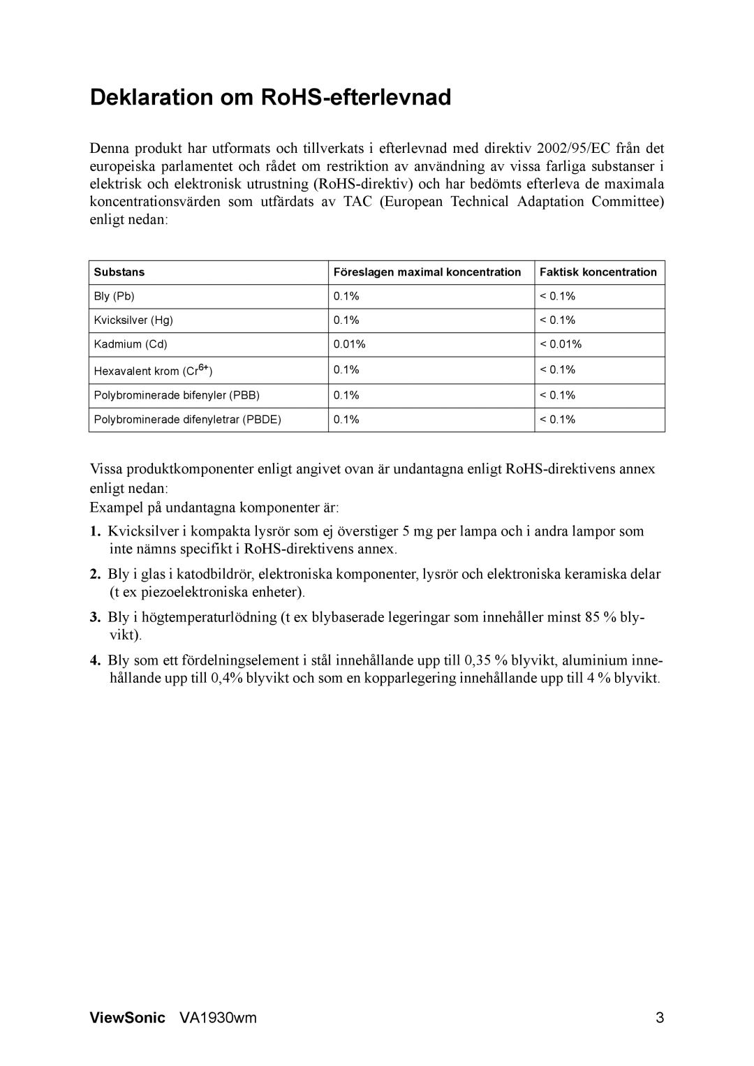 ViewSonic SBC RU 510 manual Deklaration om RoHS-efterlevnad 