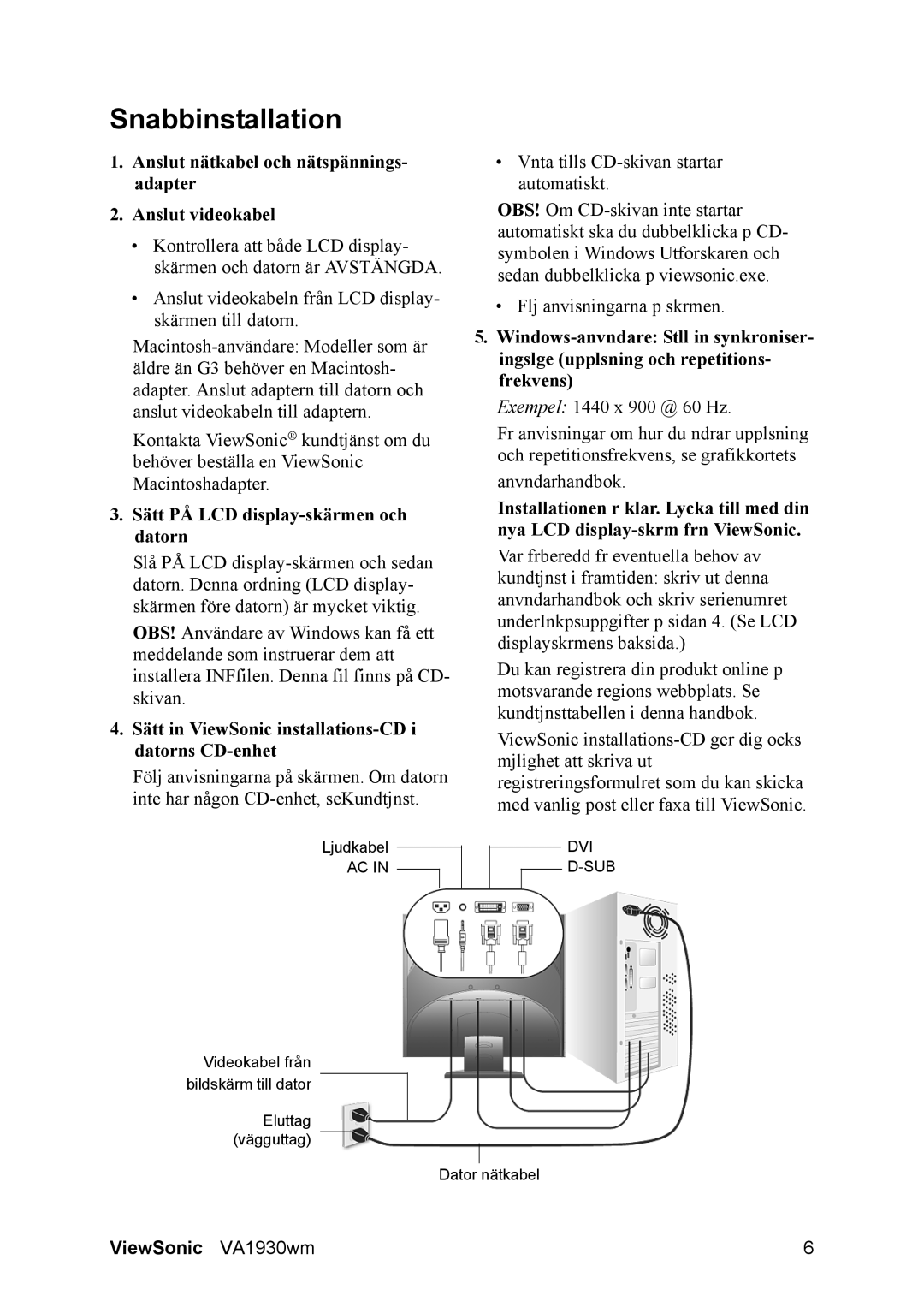 ViewSonic SBC RU 510 manual Snabbinstallation, Anslut nätkabel och nätspännings- adapter Anslut videokabel 