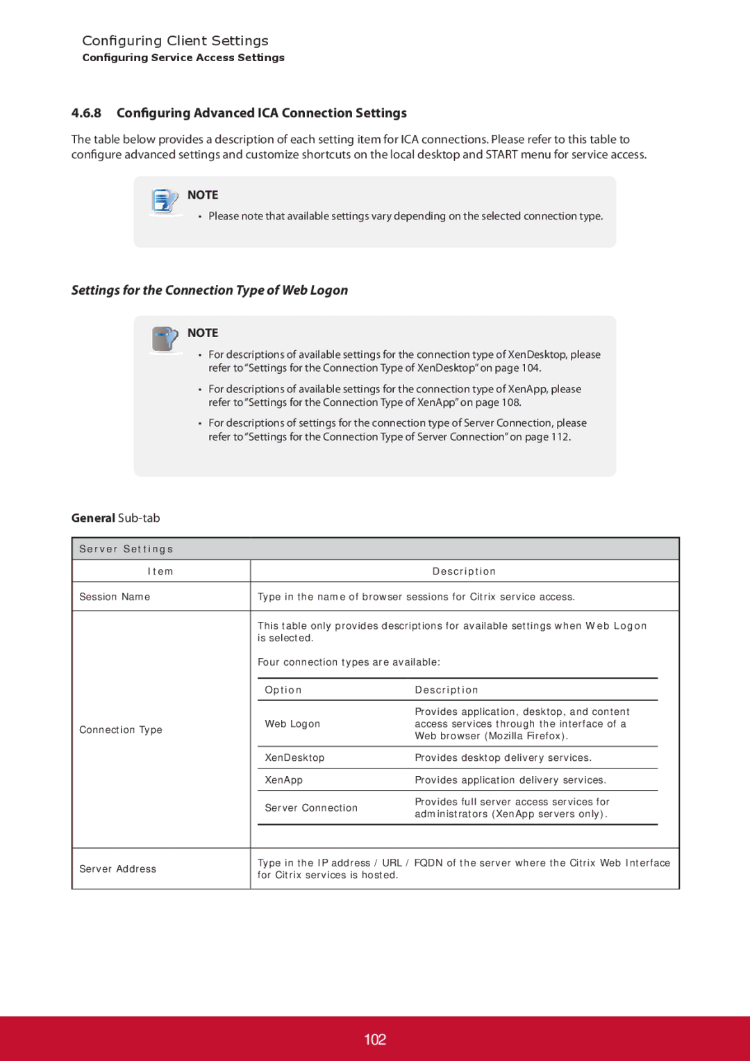 ViewSonic SCT35BKUS0 102, Configuring Advanced ICA Connection Settings, Settings for the Connection Type of Web Logon 