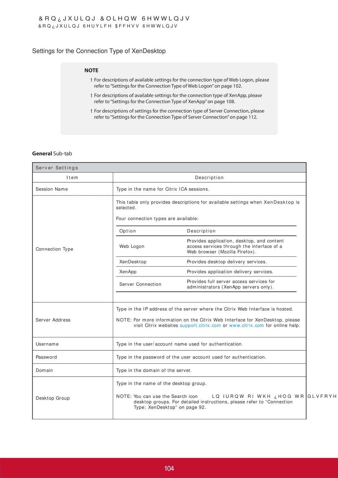 ViewSonic SCT35BKUS0 manual 104, Settings for the Connection Type of XenDesktop, Session Name, Desktop Group 