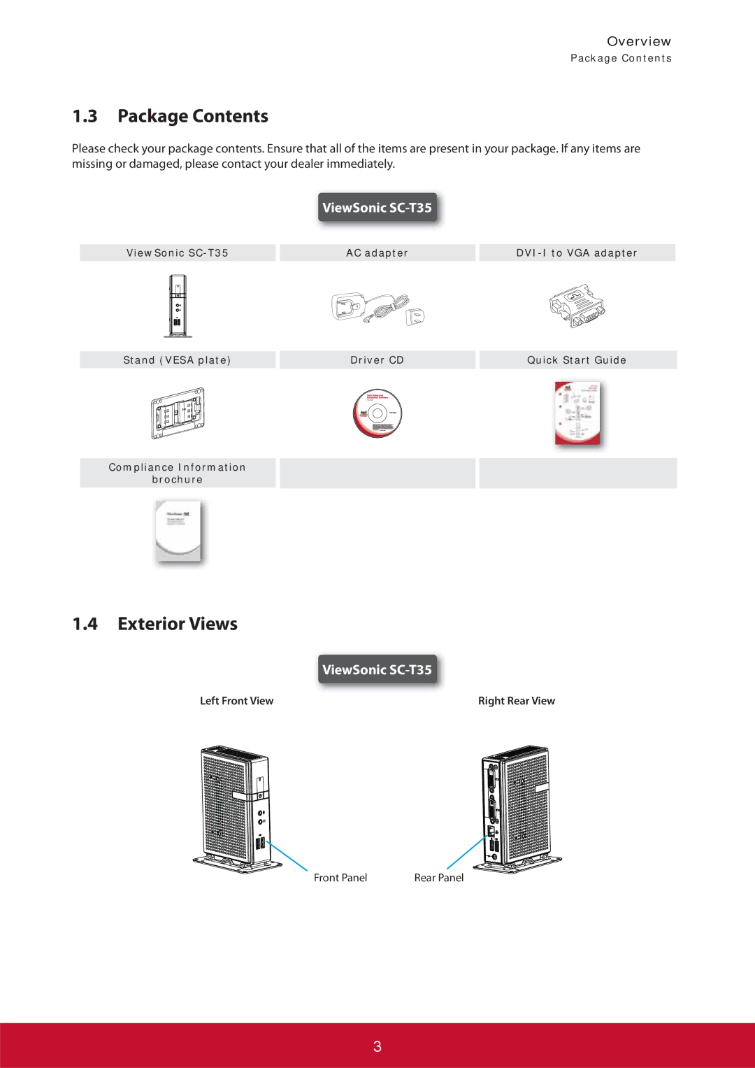 ViewSonic SCT35BKUS0 manual Package Contents, Exterior Views 