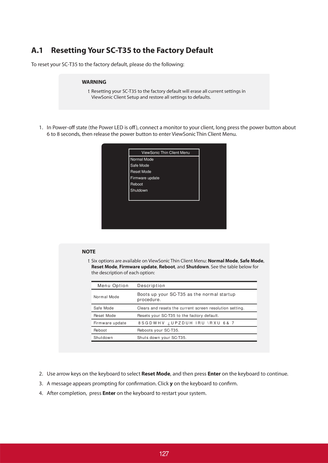 ViewSonic SCT35BKUS0 manual Resetting Your SC-T35 to the Factory Default, 127, Menu Option Description, Procedure 