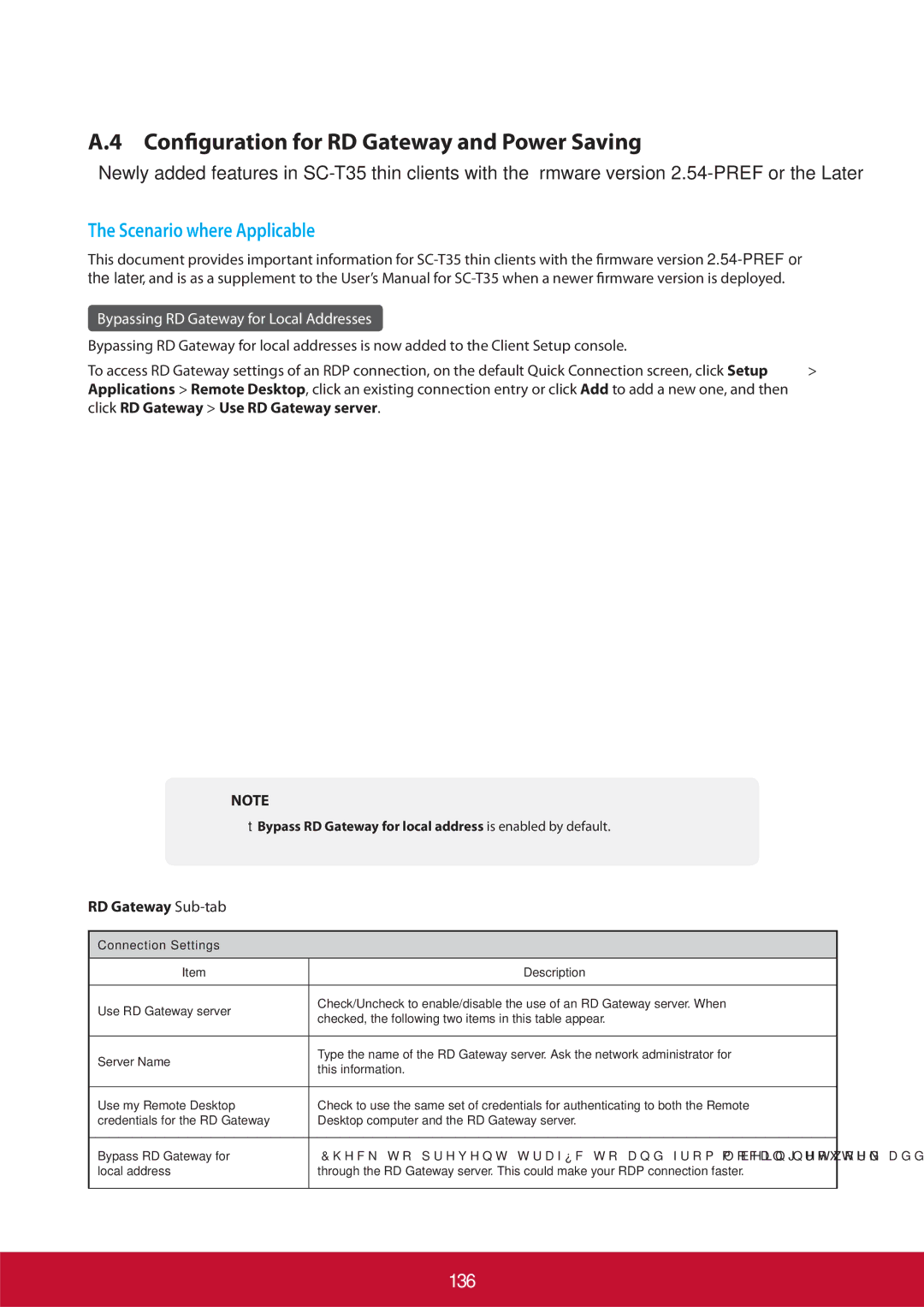 ViewSonic SCT35BKUS0 manual Configuration for RD Gateway and Power Saving, 136, Local address 
