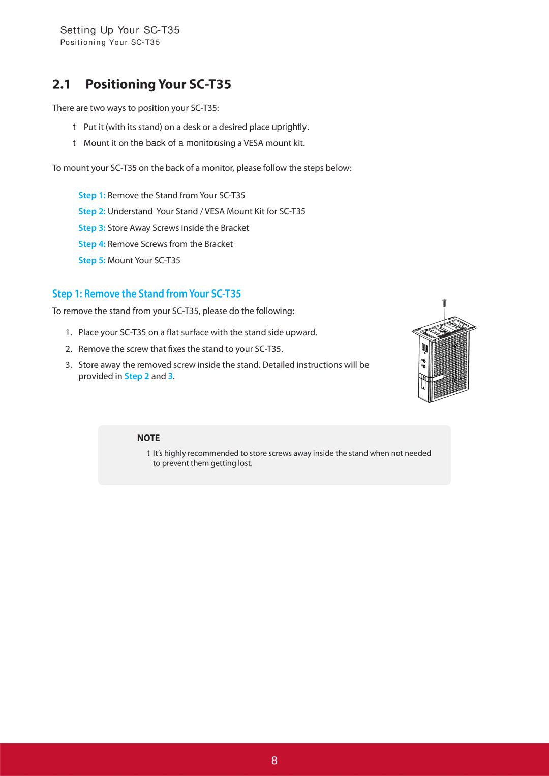 ViewSonic SCT35BKUS0 manual Positioning Your SC-T35 