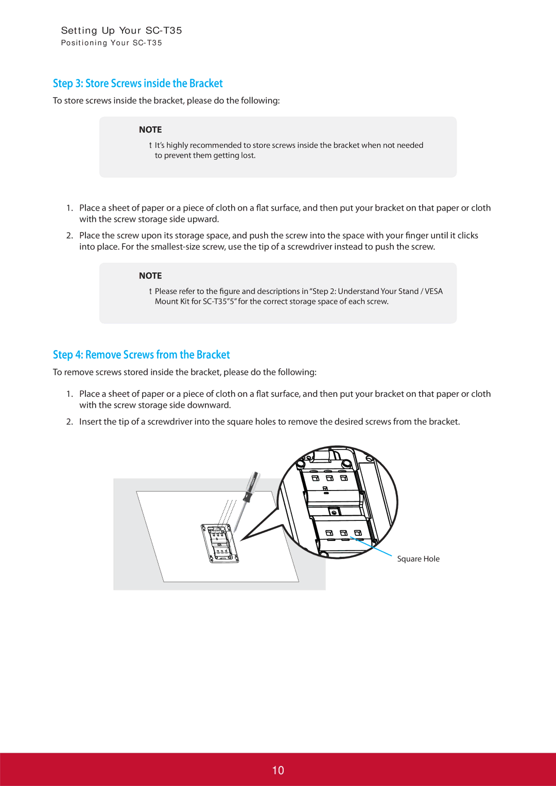ViewSonic SCT35BKUS0 manual Store Screws inside the Bracket 