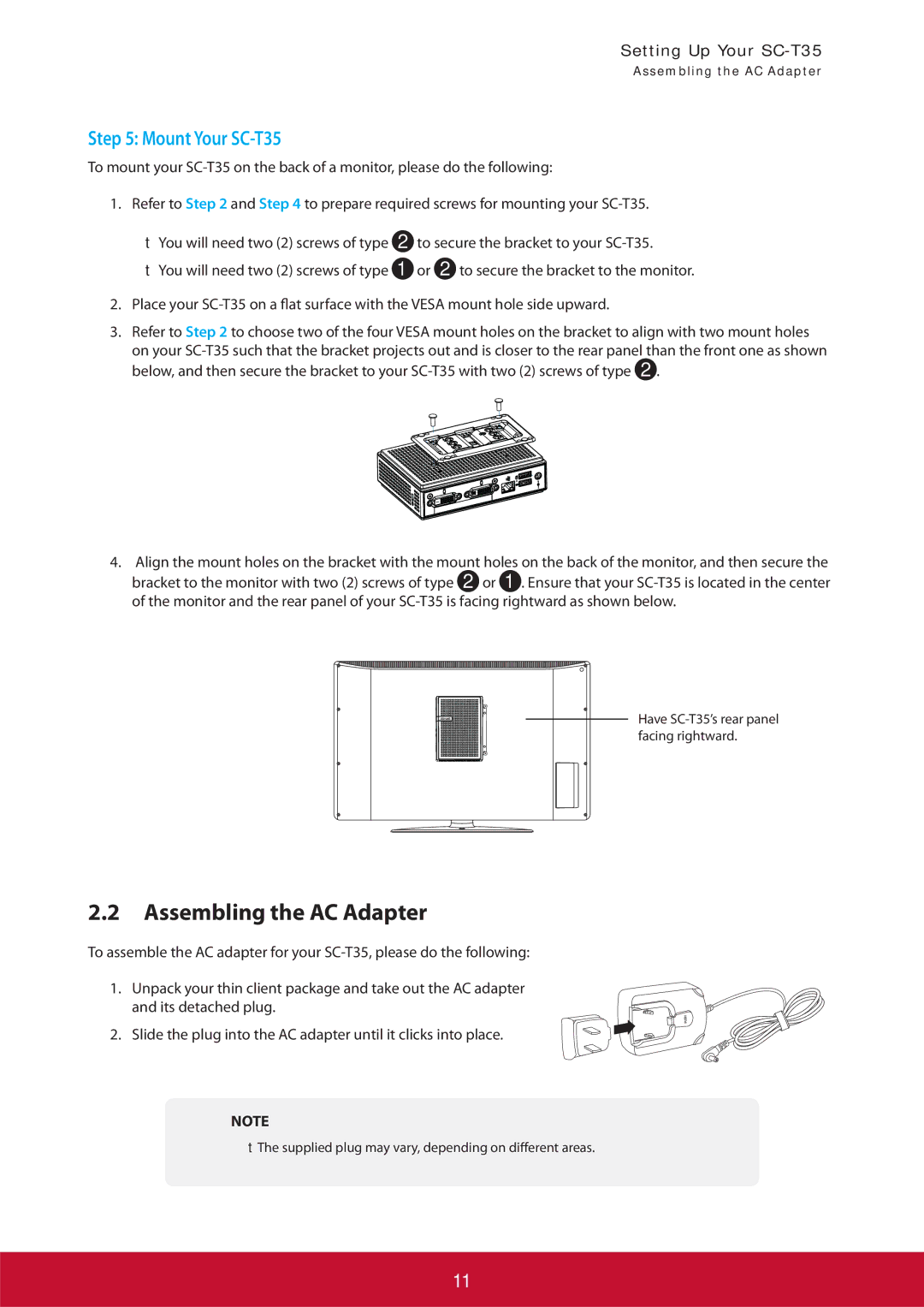 ViewSonic SCT35BKUS0 manual Assembling the AC Adapter, Mount Your SC-T35 