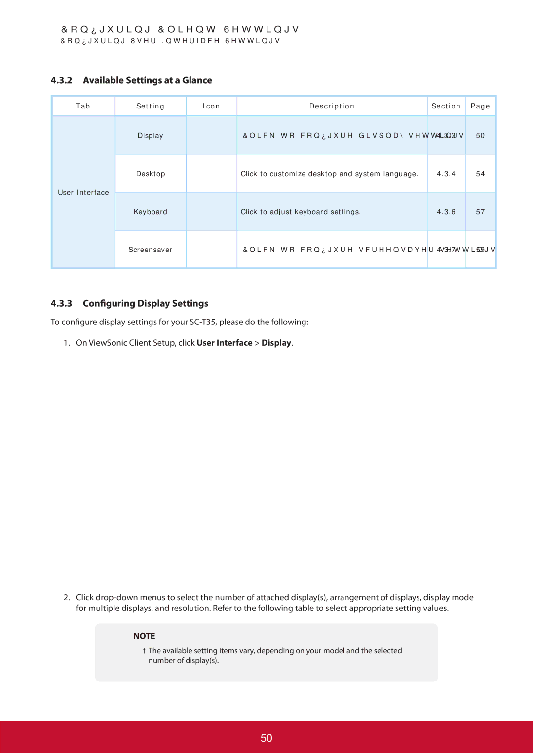 ViewSonic SCT35BKUS0 manual Configuring Display Settings, User Interface, Olfn WR FRQﬁJXUH GLVSOD\ Vhwwlqjv 