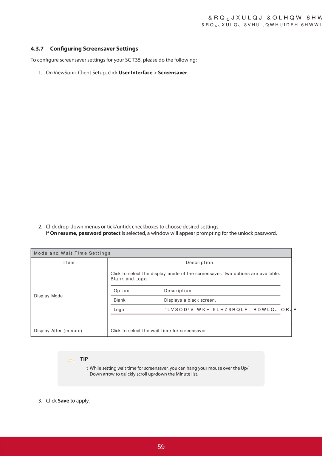 ViewSonic SCT35BKUS0 manual Configuring Screensaver Settings, Mode and Wait Time Settings Description, Blank and Logo 