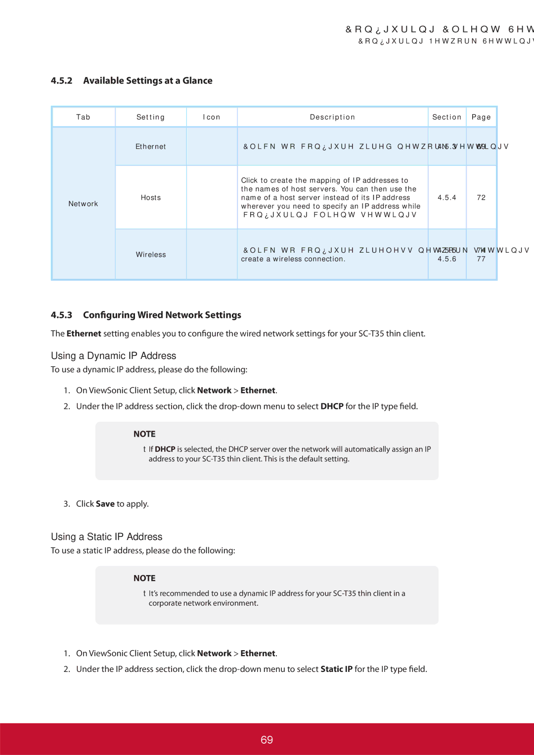 ViewSonic SCT35BKUS0 manual Configuring Wired Network Settings, Using a Dynamic IP Address, Using a Static IP Address 