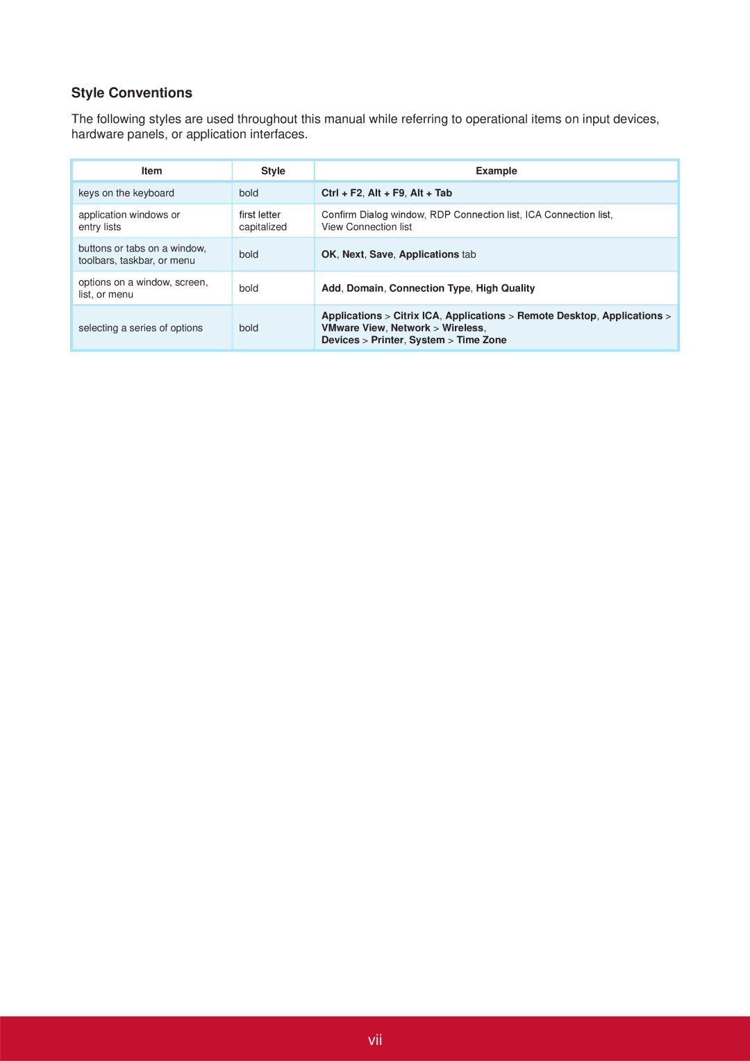 ViewSonic SCT35BKUS0 manual Vii, Style Conventions 