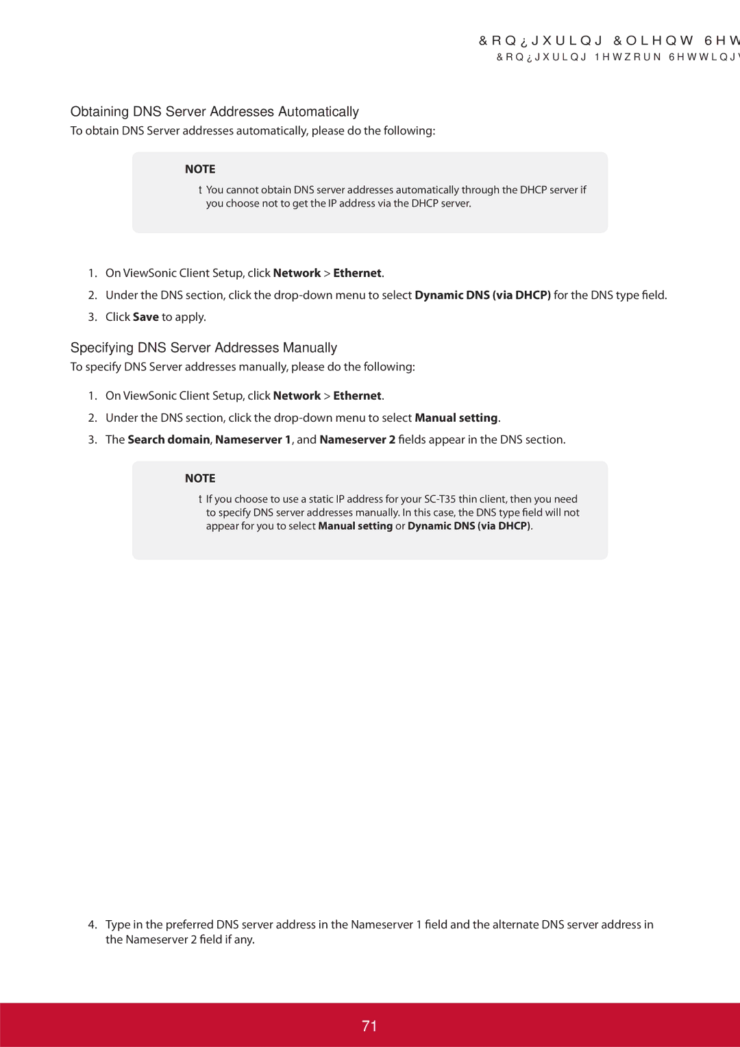 ViewSonic SCT35BKUS0 manual Obtaining DNS Server Addresses Automatically, Specifying DNS Server Addresses Manually 