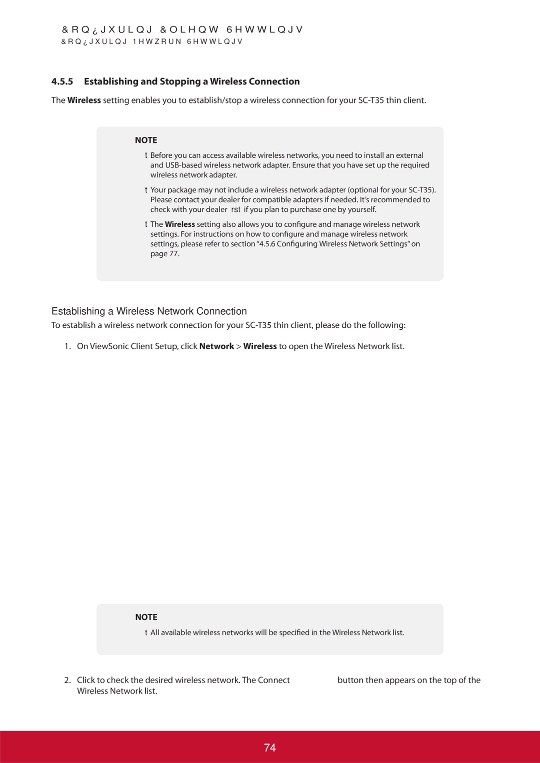 ViewSonic SCT35BKUS0 manual Establishing and Stopping a Wireless Connection, Establishing a Wireless Network Connection 