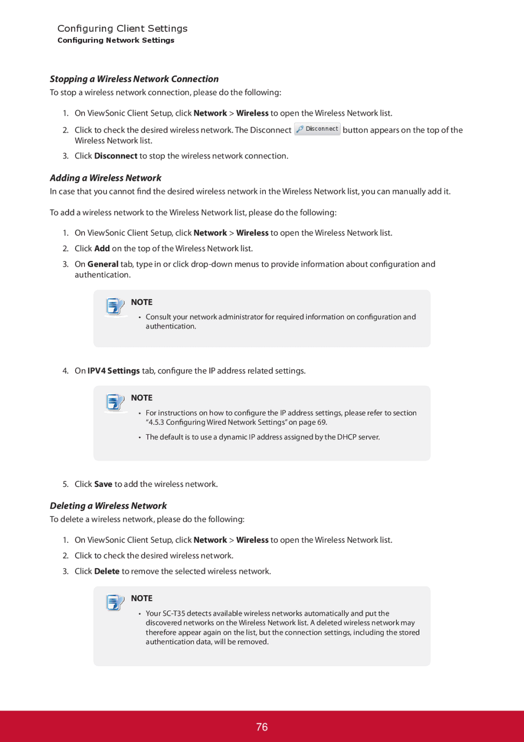 ViewSonic SCT35BKUS0 manual Stopping a Wireless Network Connection, Adding a Wireless Network, Deleting a Wireless Network 