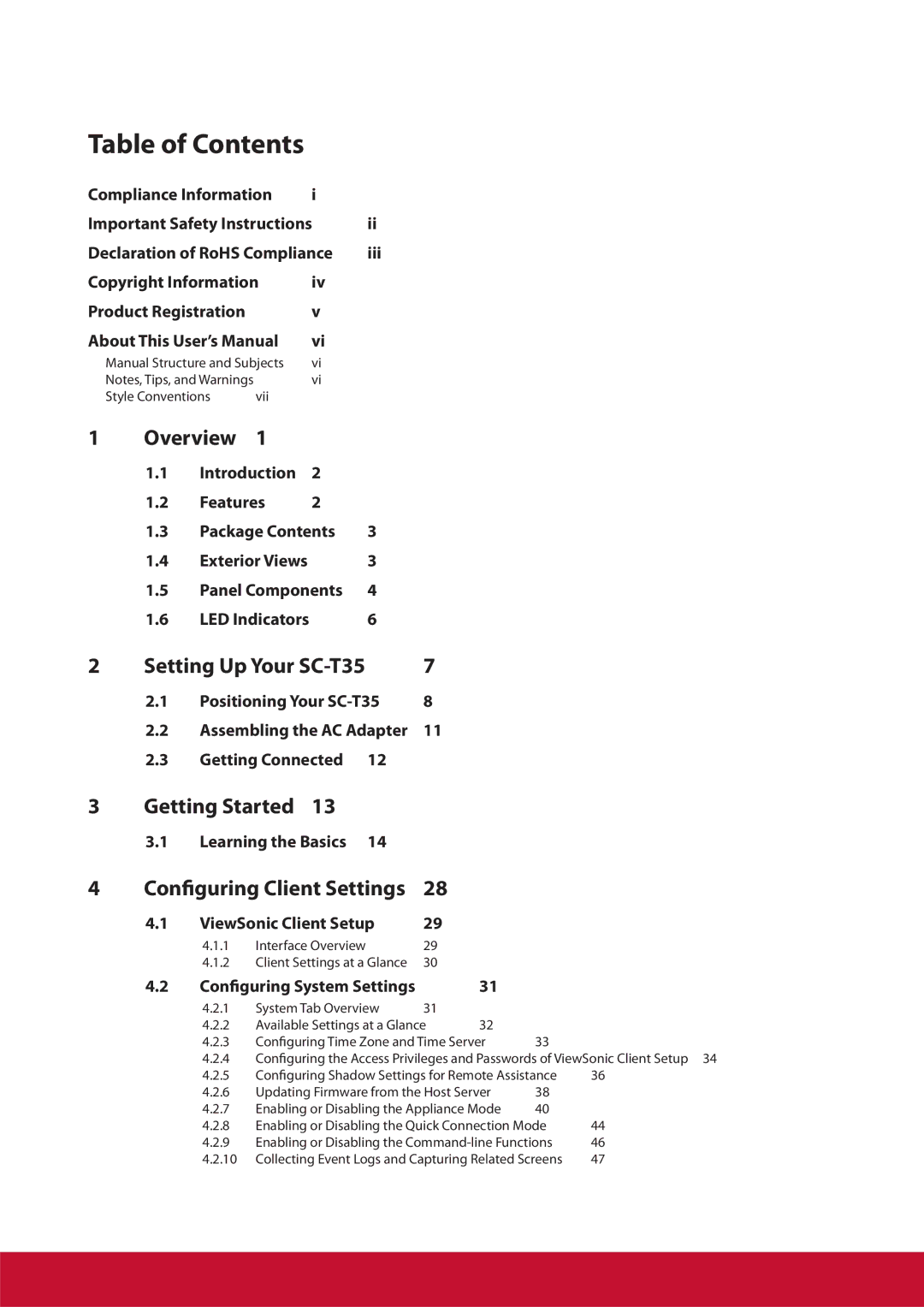 ViewSonic SCT35BKUS0 manual Table of Contents 