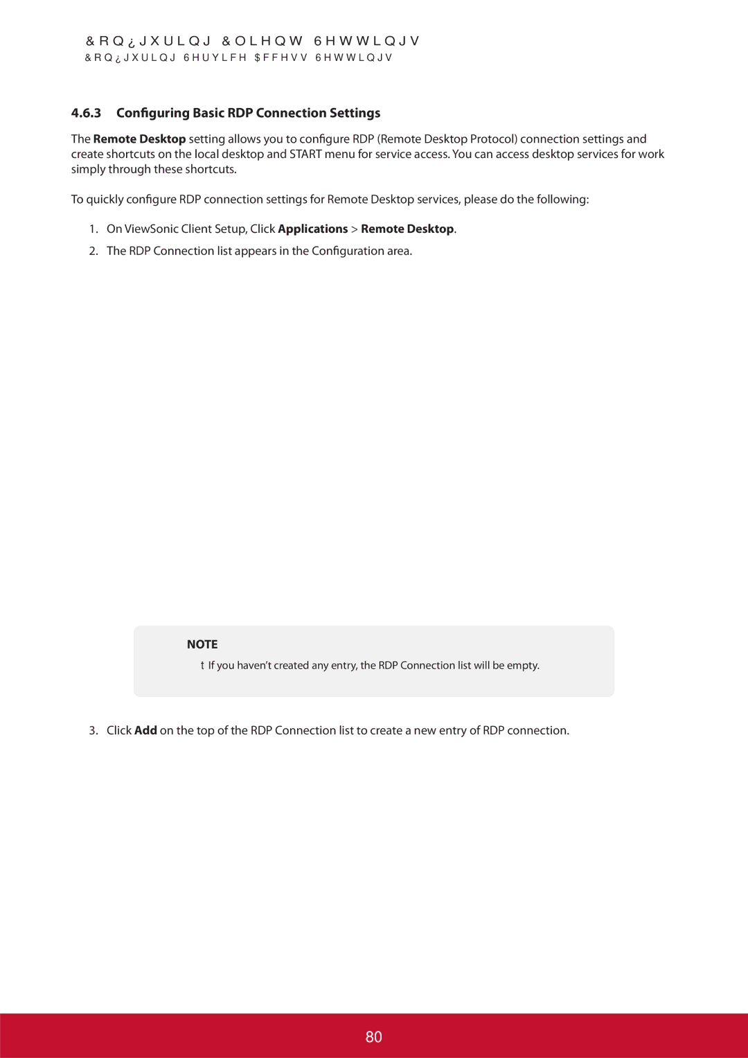 ViewSonic SCT35BKUS0 manual Configuring Basic RDP Connection Settings 