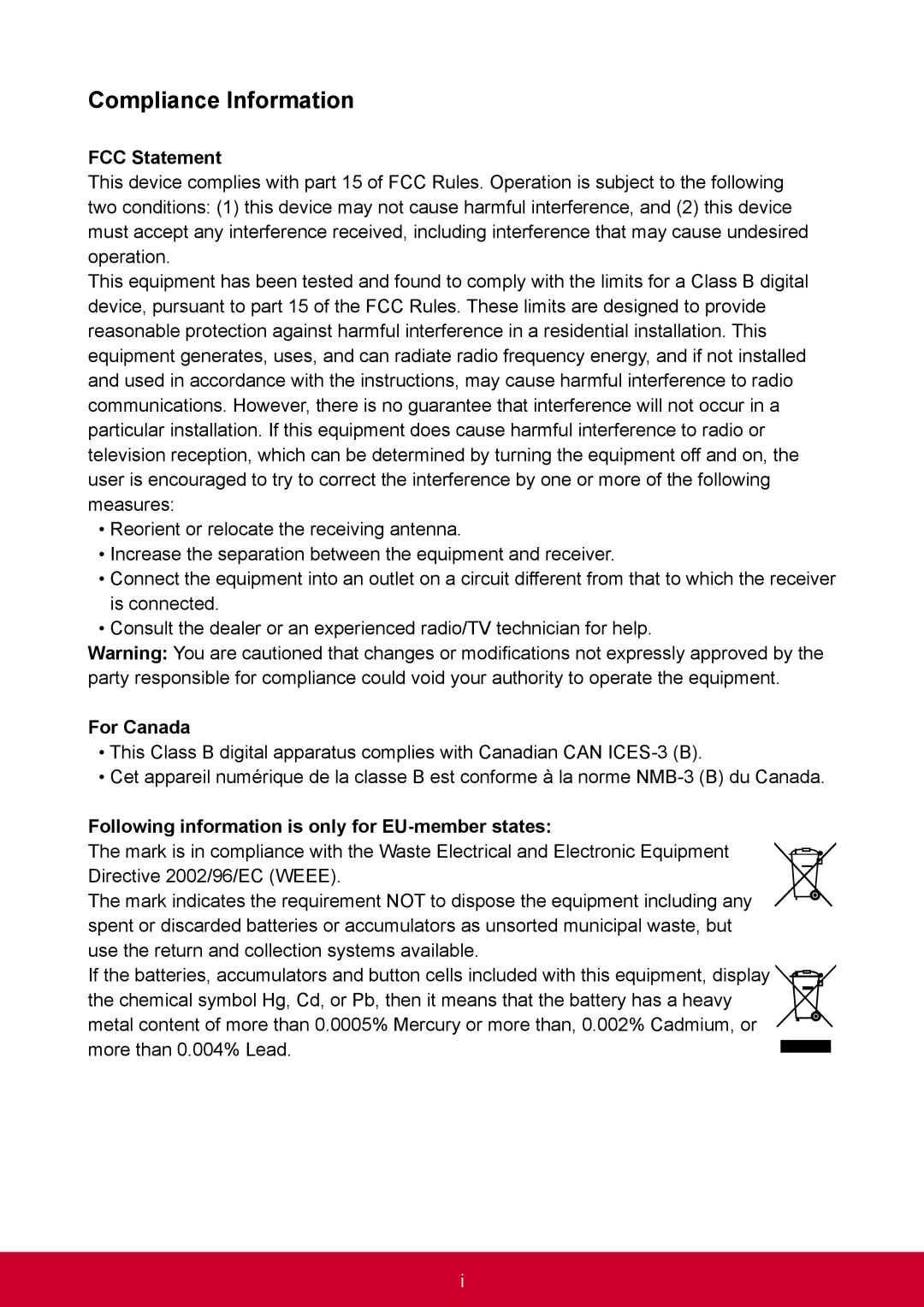 ViewSonic SCZ55BKUS0 Compliance Information, FCC Statement, For Canada, Following information is only for EU-member states 