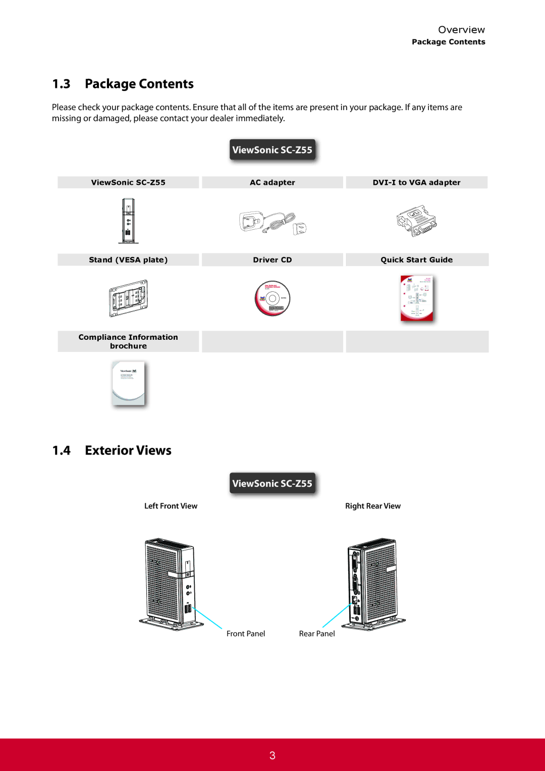 ViewSonic SCZ55BKUS0 manual Package Contents, Exterior Views 