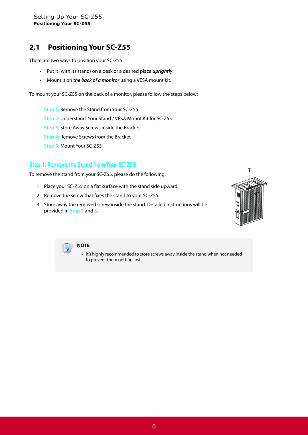 ViewSonic SCZ55BKUS0 manual Positioning Your SC-Z55, Remove the Stand from Your SC-Z55 