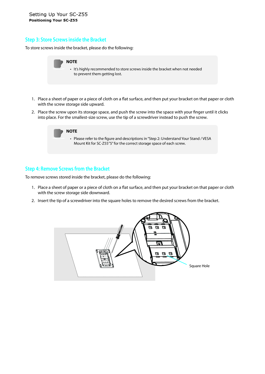 ViewSonic SCZ55BKUS0 manual Store Screws inside the Bracket 